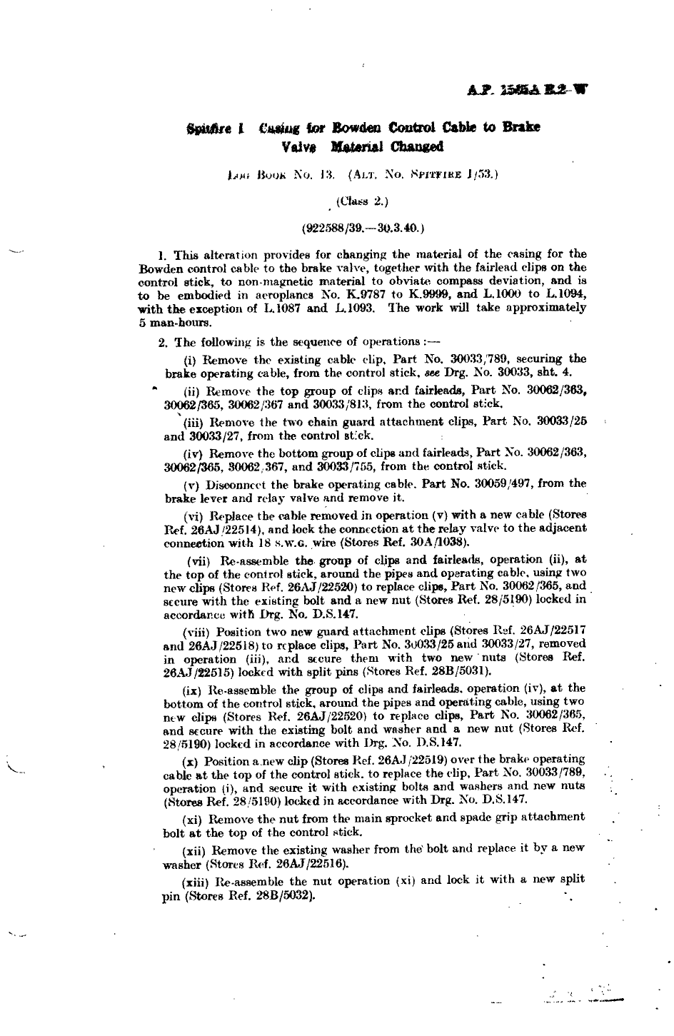 Sample page 1 from AirCorps Library document: Spitfire I Casing for Bowden Control Cable To Brake Valve Material Changed