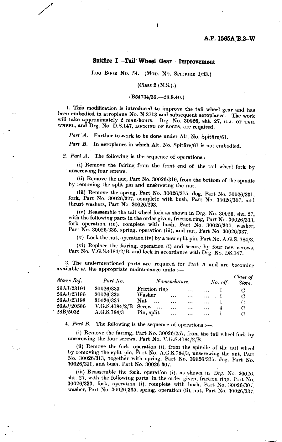 Sample page 1 from AirCorps Library document: Spitfire I Tail Wheel Gear Improvement