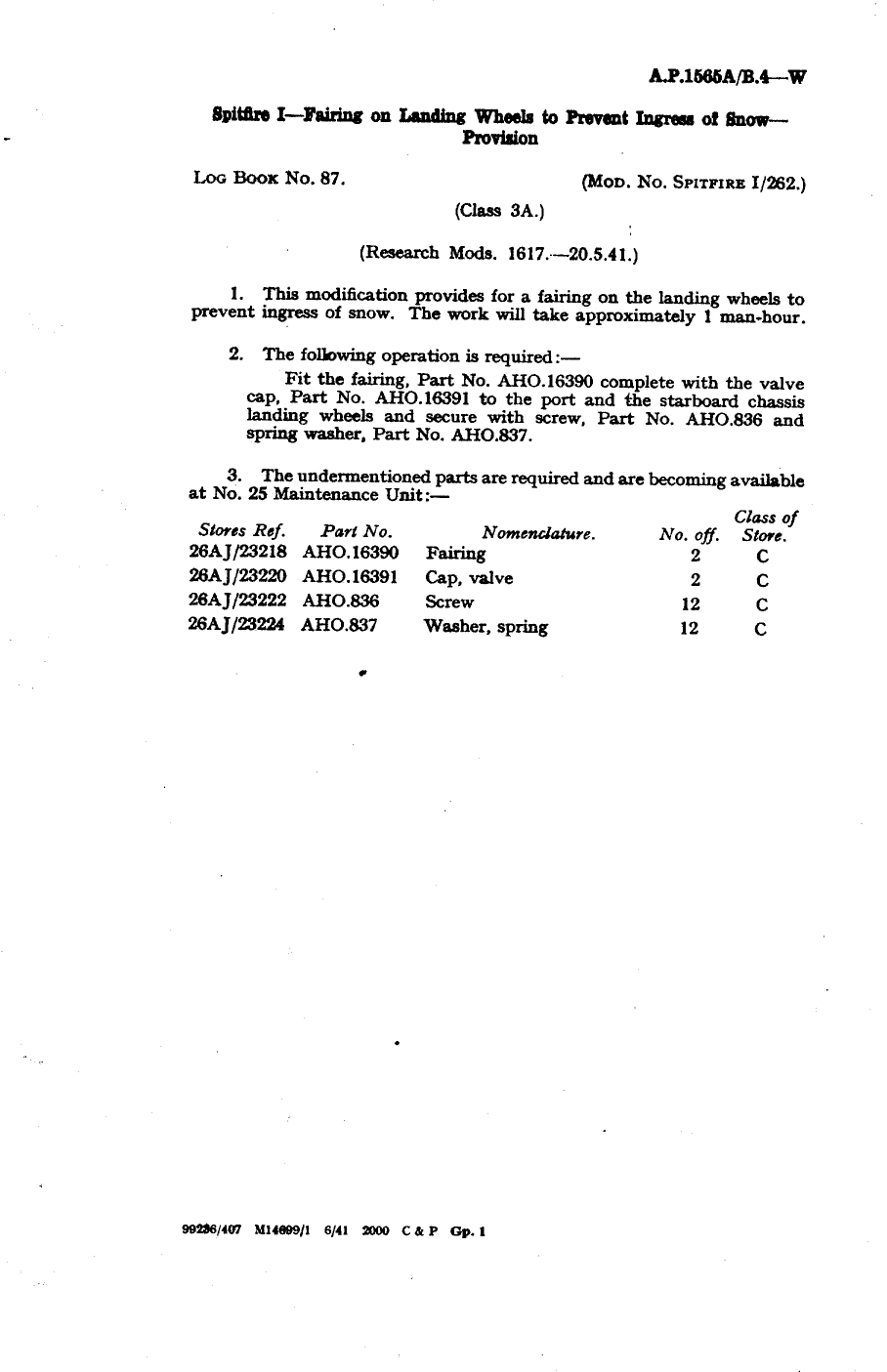 Sample page 1 from AirCorps Library document: Spitfire I Fairing on Landing Wheels to Prevent Ingress of Snow Provision