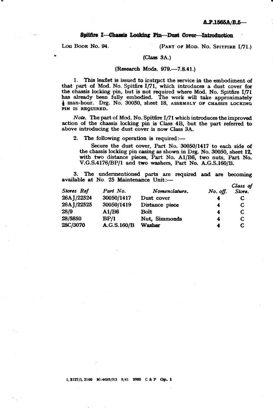 Sample page 1 from AirCorps Library document: Spitfire I Chassis Locking Pin Dust Cover Introduction