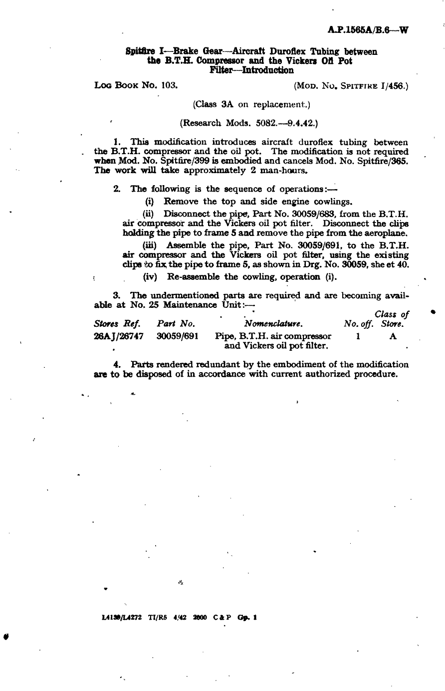 Sample page 1 from AirCorps Library document: Spitfire I Brake Gear Aircraft Duroflex Tubing Between the B.T.H. Compressor and the Vickers Oil Pot Filter Introduction