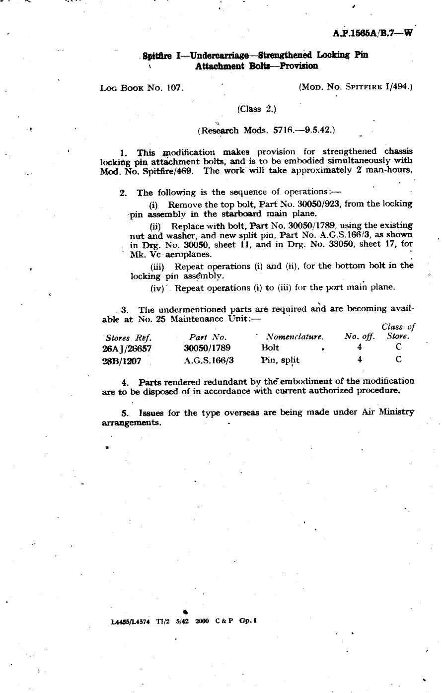 Sample page 1 from AirCorps Library document: Spitfire I Undercarriage Strengthened Locking Pin Attachment Bolts Provision