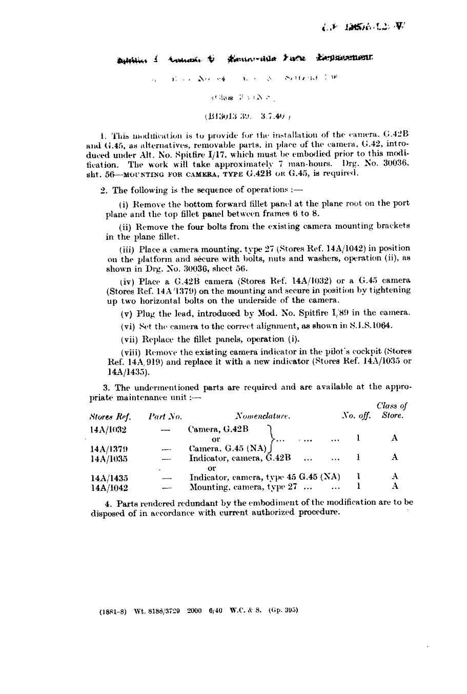 Sample page 1 from AirCorps Library document: Spitfire I G.42 Camera Replacement