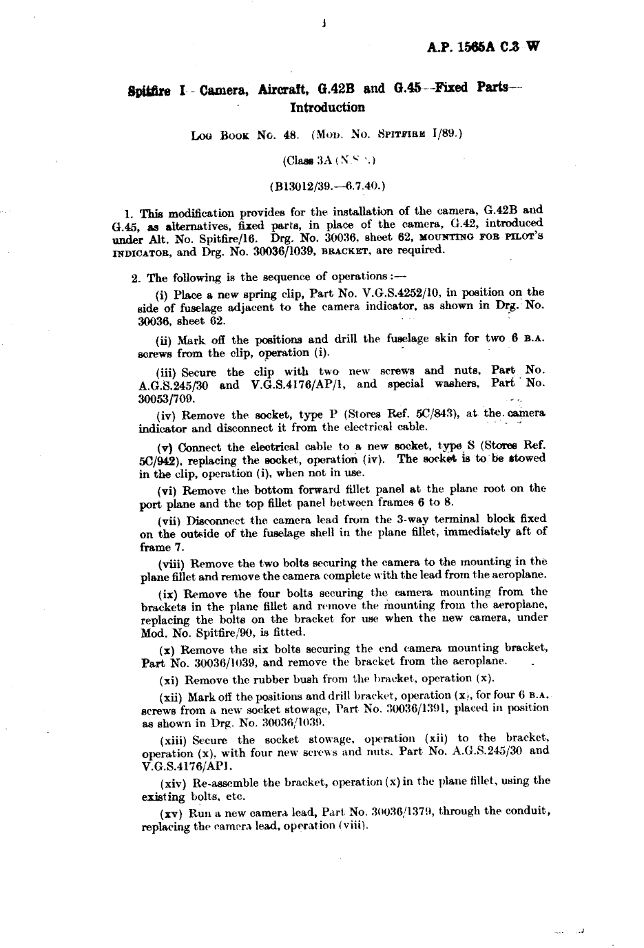 Sample page 1 from AirCorps Library document: Spitfire I Camera Aircraft G.42B and G.45 Fixed Parts Introduction