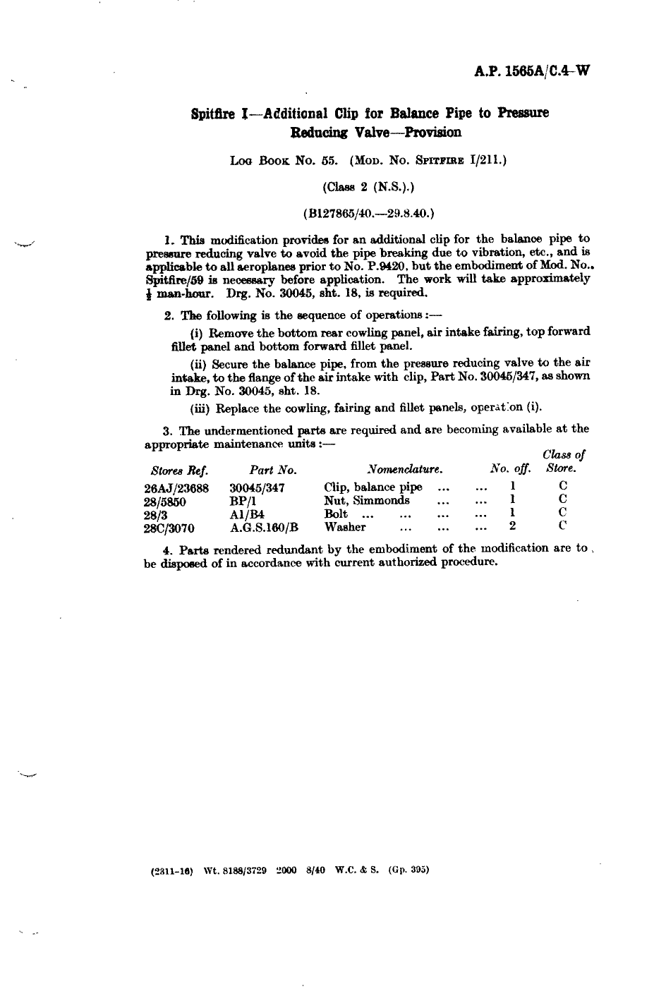 Sample page 1 from AirCorps Library document: Spitfire I Additional Clip for Balance Pipe to Pressure Reducing Valve Provision