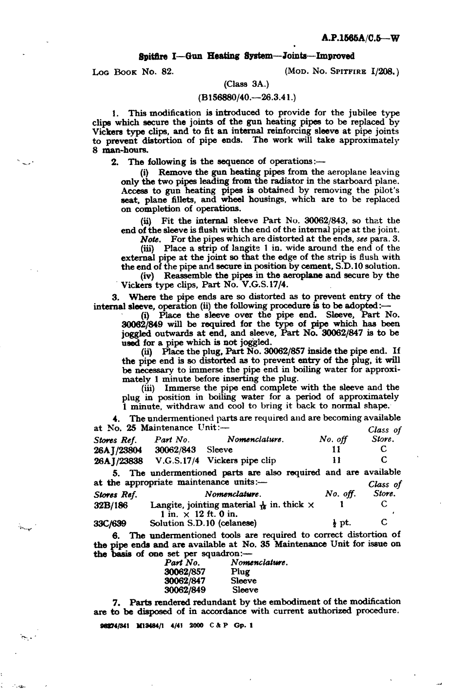 Sample page 1 from AirCorps Library document: Spitfire I Gun Heating System Joints Approved