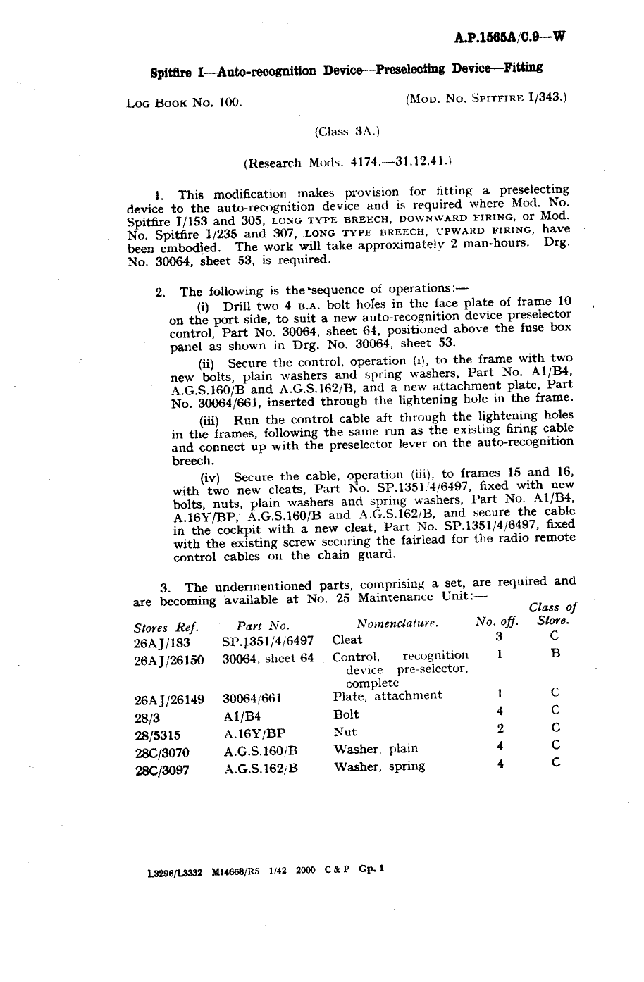 Sample page 1 from AirCorps Library document: Spitfire I Auto-Recognition Device Preselecting Device Fitting