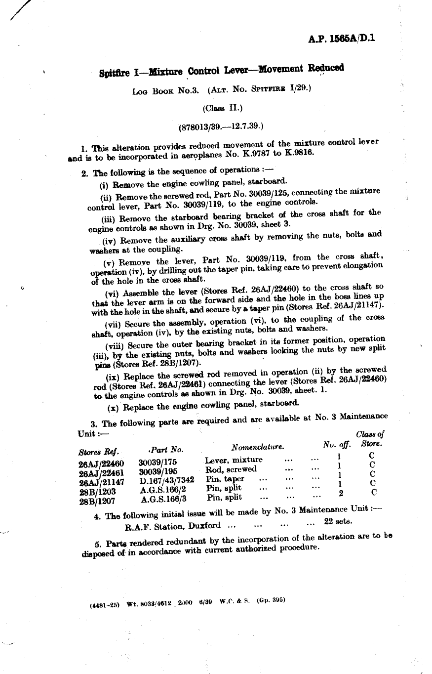 Sample page 1 from AirCorps Library document: Spitfire I Mixture Control Lever Movement Reduced