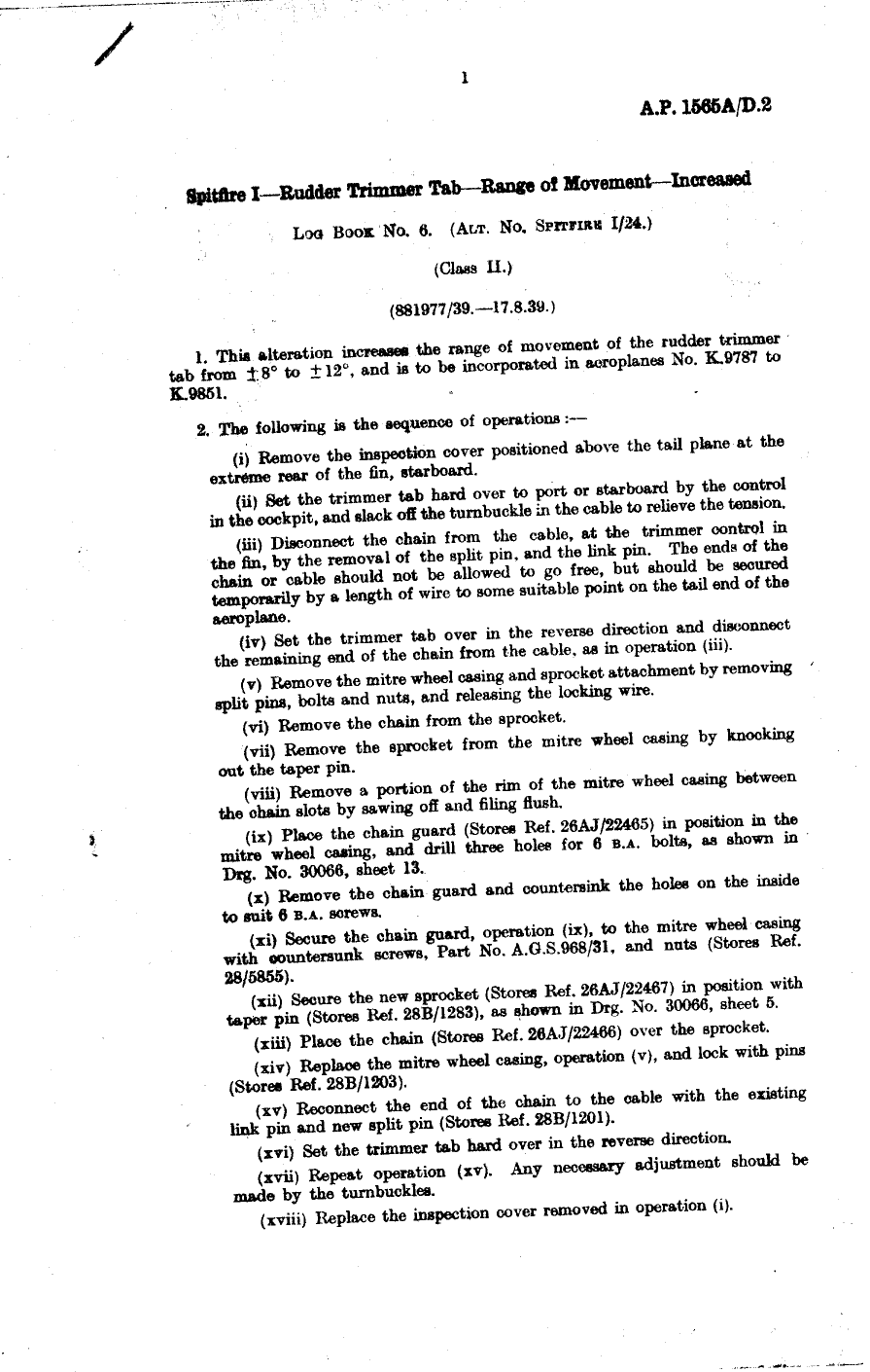 Sample page 1 from AirCorps Library document: Spitfire I Rudder Trimmer Tab Range of Movement Increased