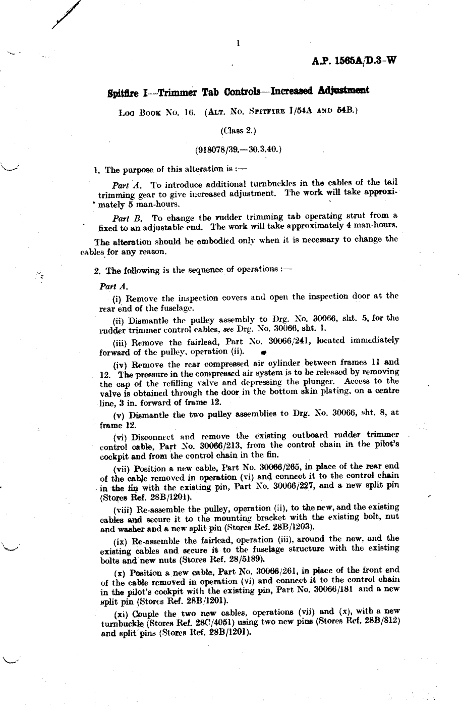 Sample page 1 from AirCorps Library document: Spitfire I Trimmer Tab Controls Increased Adjustment