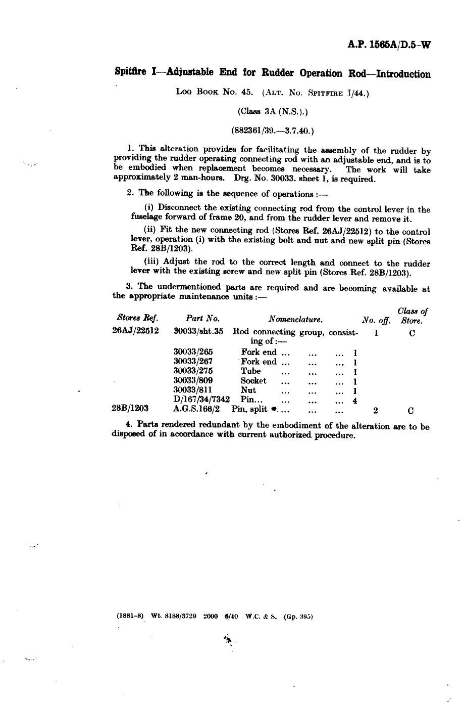 Sample page 1 from AirCorps Library document: Spitfire I Adjustable End for Rudder Operation Rod Introduction