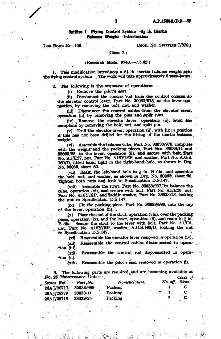 Sample page 1 from AirCorps Library document: Spitfire I Flying Control System 6.5 lb. Inertia Balance Weight Introduction