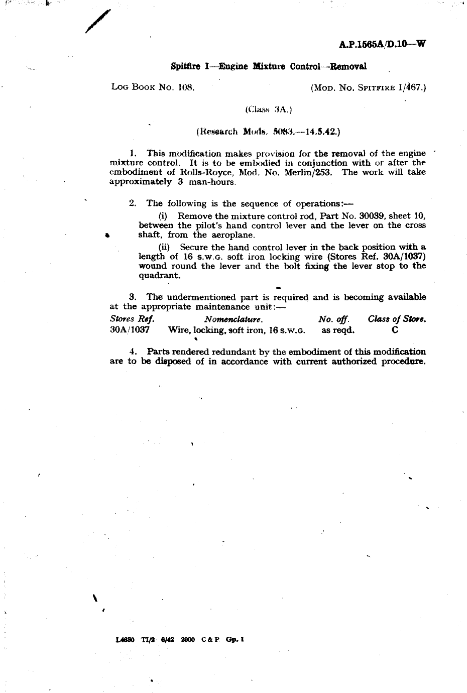 Sample page 1 from AirCorps Library document: Spitfire I Engine Mixture Control Removal