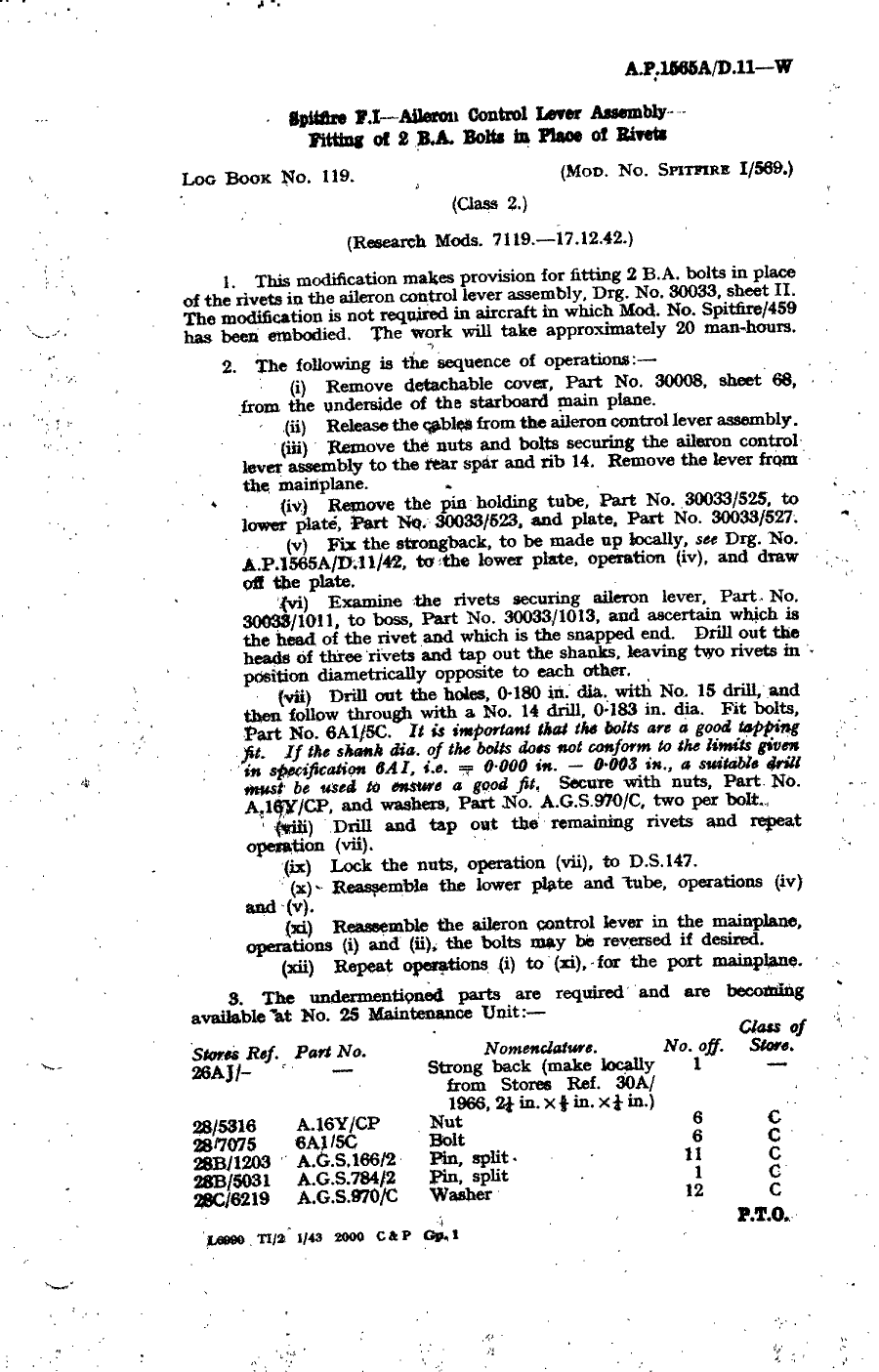 Sample page 1 from AirCorps Library document: Spitfire F.I Aileron Control Lever Assembly Fitting of 2 B.A. Bolts In Place of Rivets