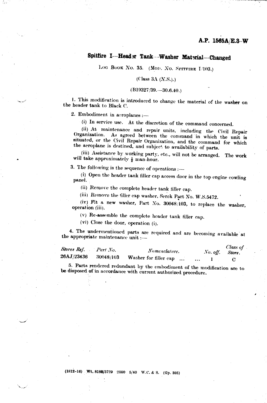 Sample page 1 from AirCorps Library document: Spitfire I Header Tank Washer Material Changed