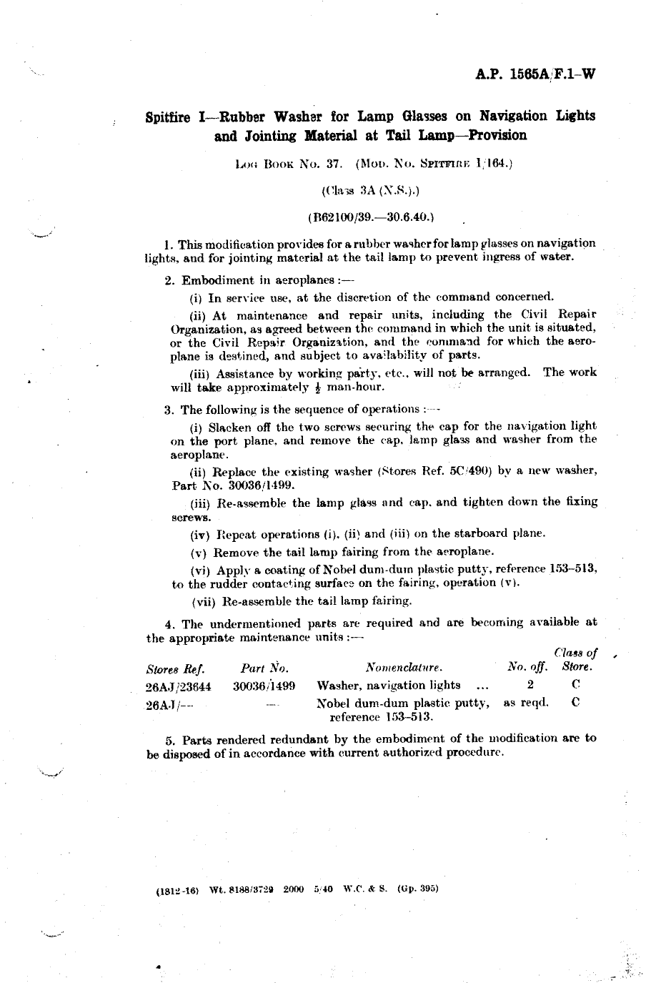 Sample page 1 from AirCorps Library document: Spitfire I Rubber Washer for Lamp Glasses on Navigation Lights and Jointing Material at Tail Lamp Provision