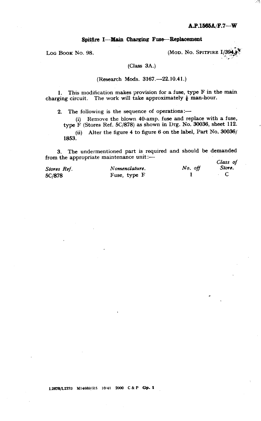 Sample page 1 from AirCorps Library document: Spitfire I Main Charging Fuse Replacement