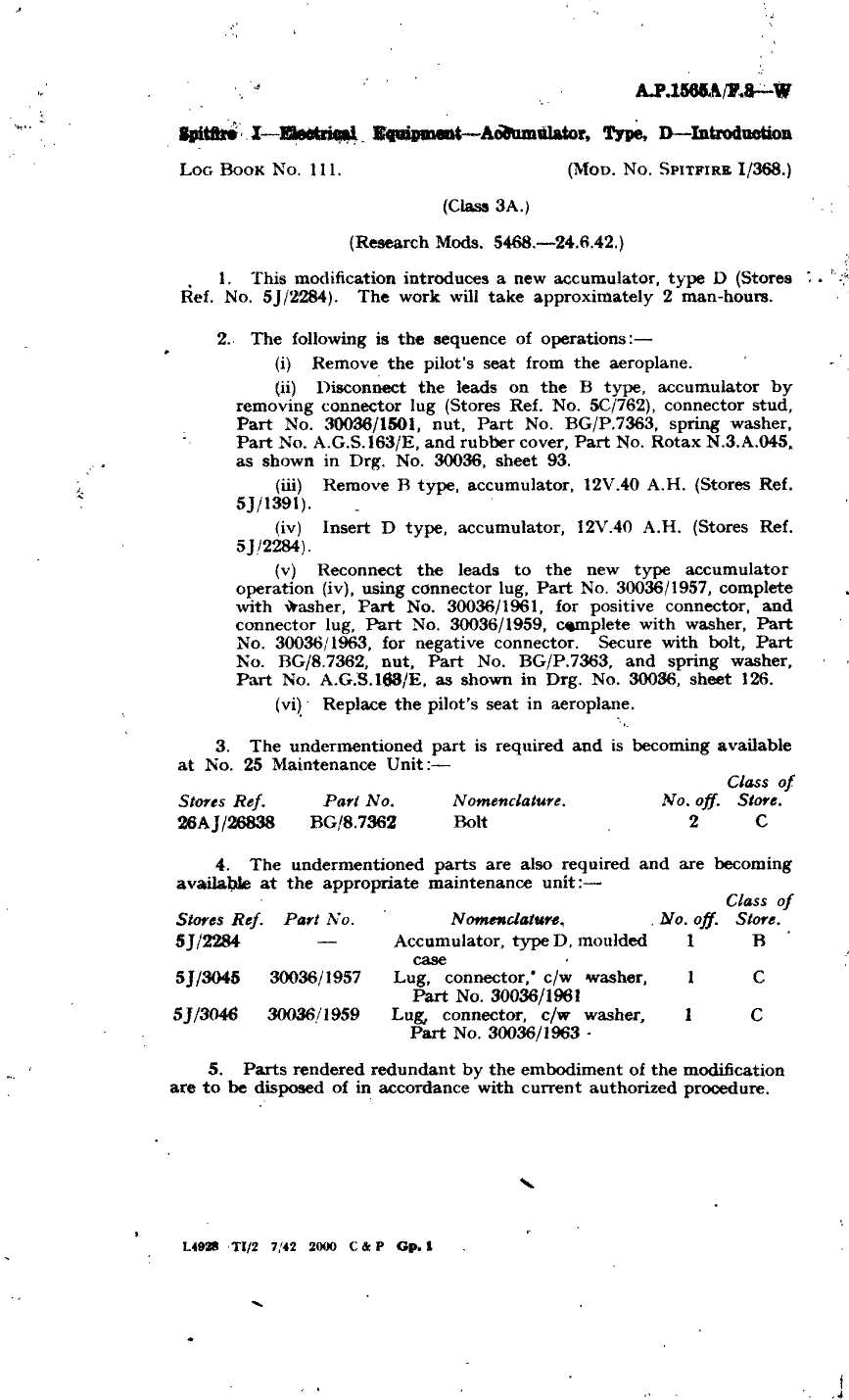 Sample page 1 from AirCorps Library document: Spitfire I Electrical Equipment Accumulator Type D Introduction