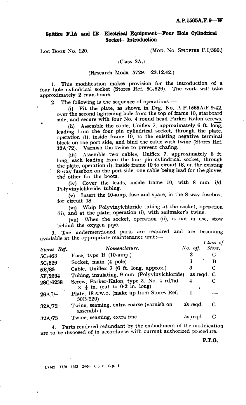 Sample page 1 from AirCorps Library document: Spitfire F.IA and IB Electrical Equipment Four Hole Cylindrical Socket Introduction