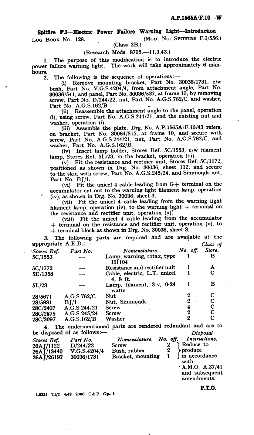 Sample page 1 from AirCorps Library document: Spitfire F.I Electric Power Failure Warning Light Introduction