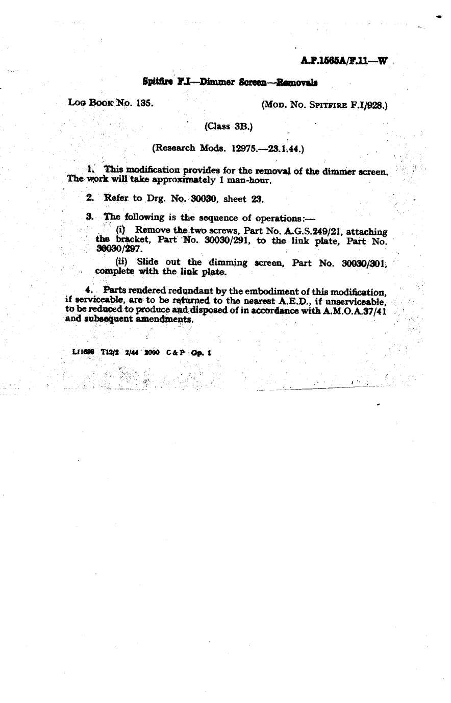 Sample page 1 from AirCorps Library document: Spitfire F.I Dimmer Screen Removals