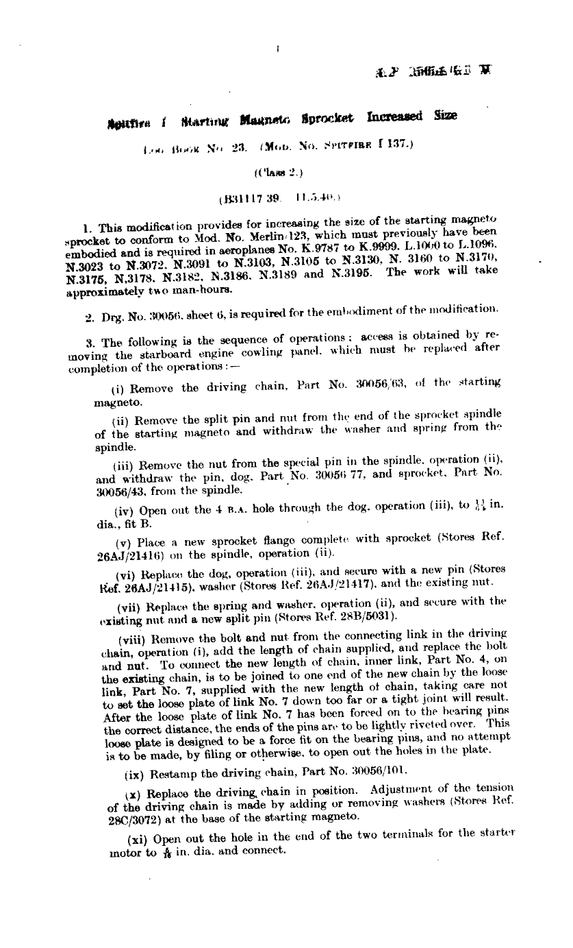 Sample page 1 from AirCorps Library document: Spitfire I Starting Magneto Sprocket Increased Size