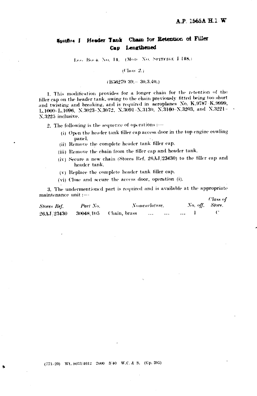 Sample page 1 from AirCorps Library document: Spitfire I Header Tank Chain for Retention of Filler Cap Lengthened