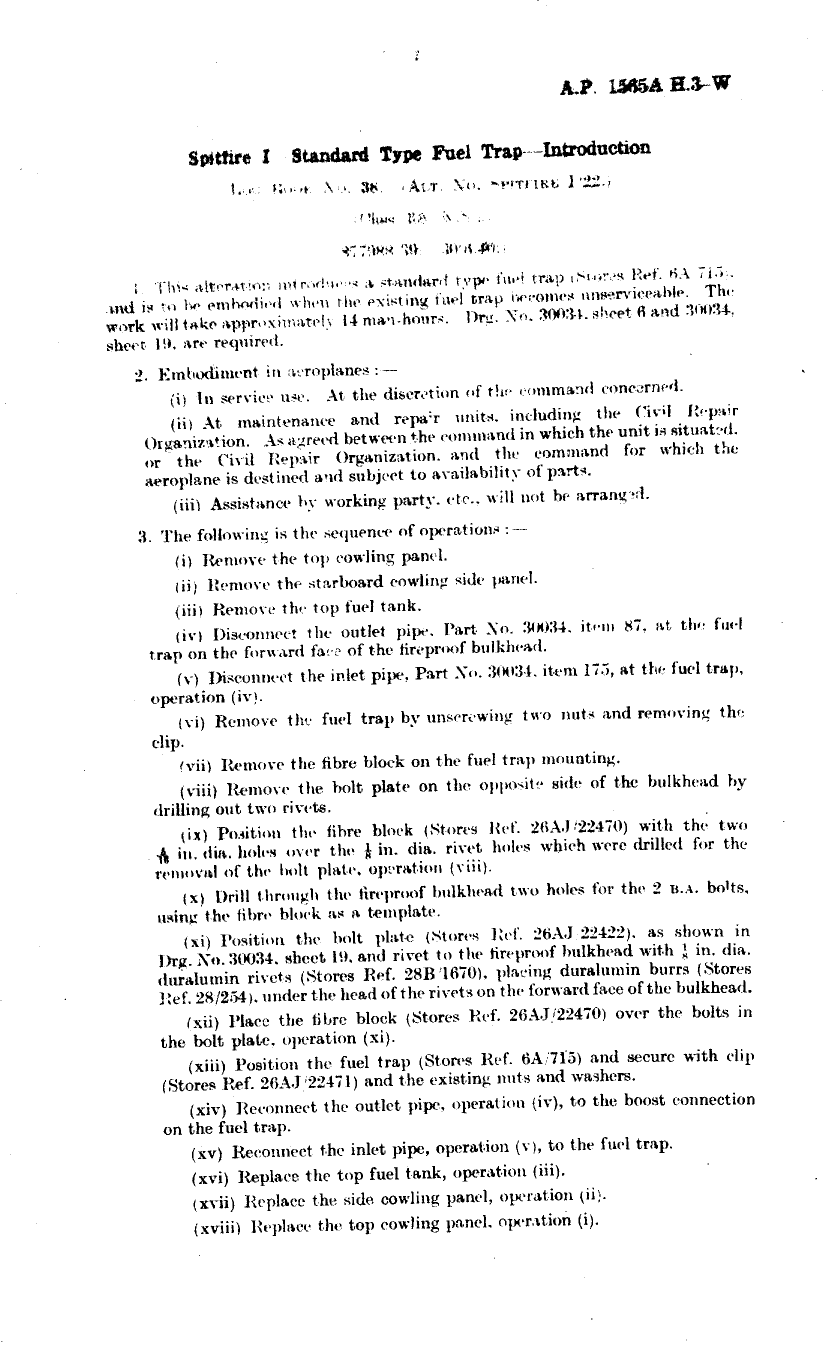 Sample page 1 from AirCorps Library document: Spitfire I Standard Type Fuel Trap Introduction