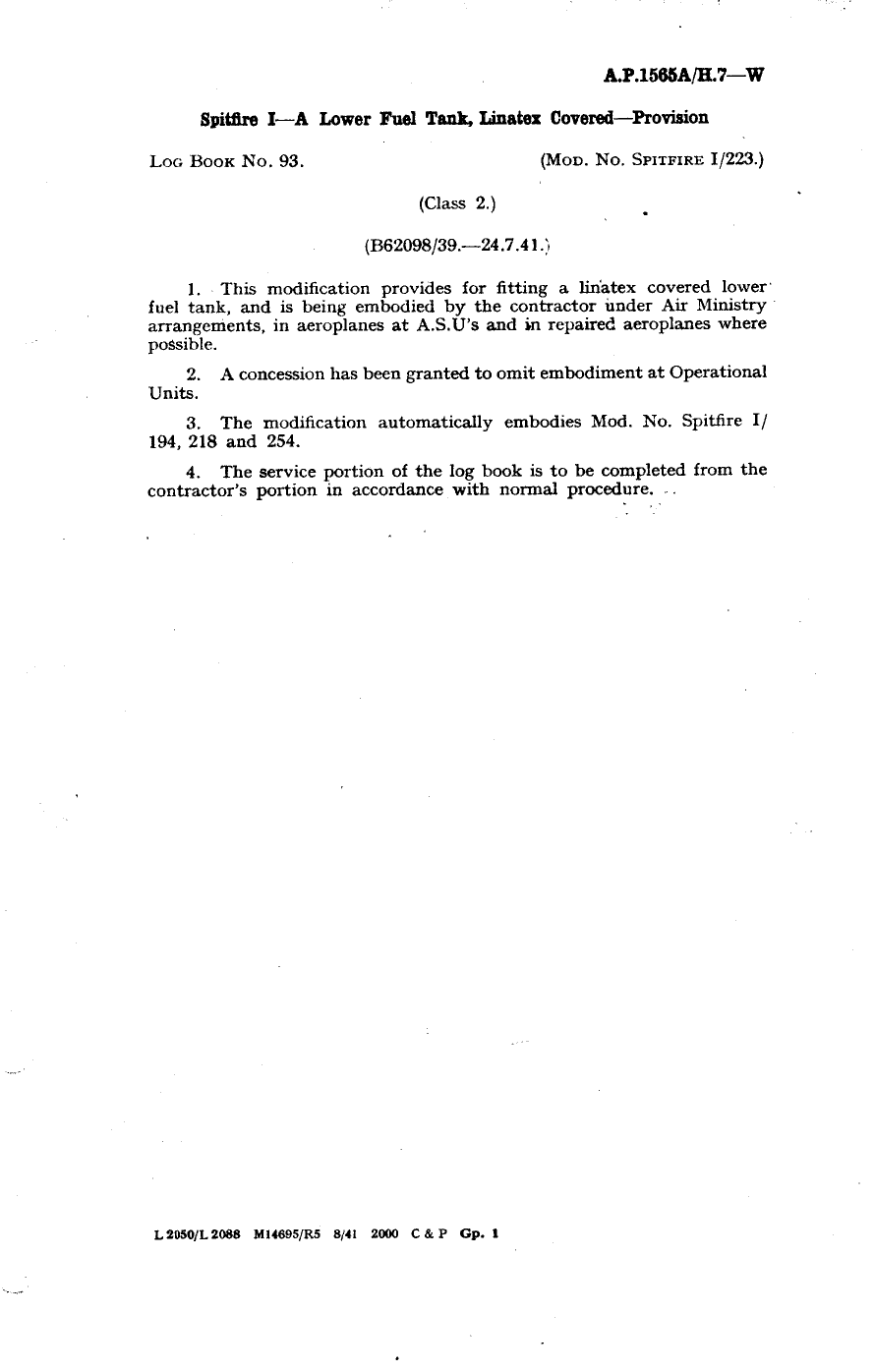 Sample page 1 from AirCorps Library document: Spitfire IA Lower Fuel Tank Linatax Covered Provision