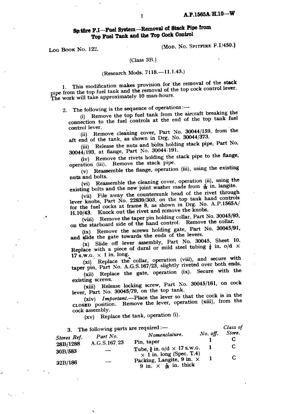 Sample page 1 from AirCorps Library document: Spitfire F.I, Fuel System Removal of Stack Pipe from Top Fuel Tank and the Top Cock Control