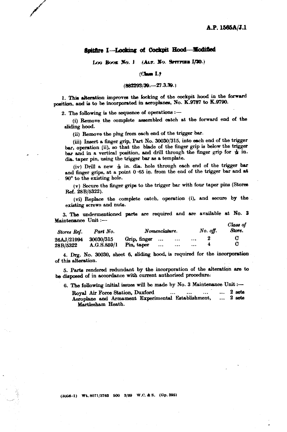 Sample page 1 from AirCorps Library document: Spitfire I Locking of Cockpit Hood Modified