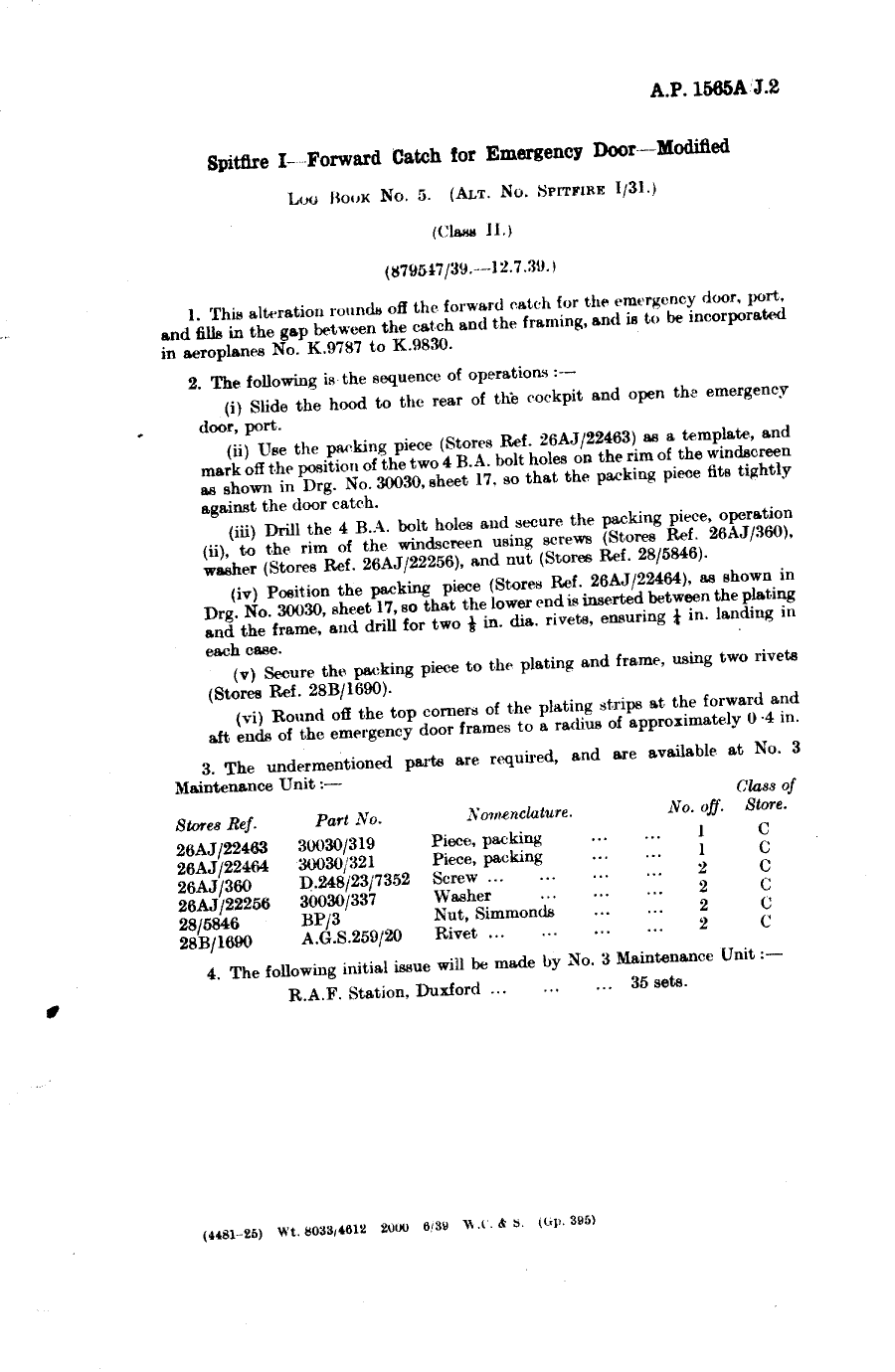 Sample page 1 from AirCorps Library document: Spitfire I Forward Catch for Emergency Door Modified