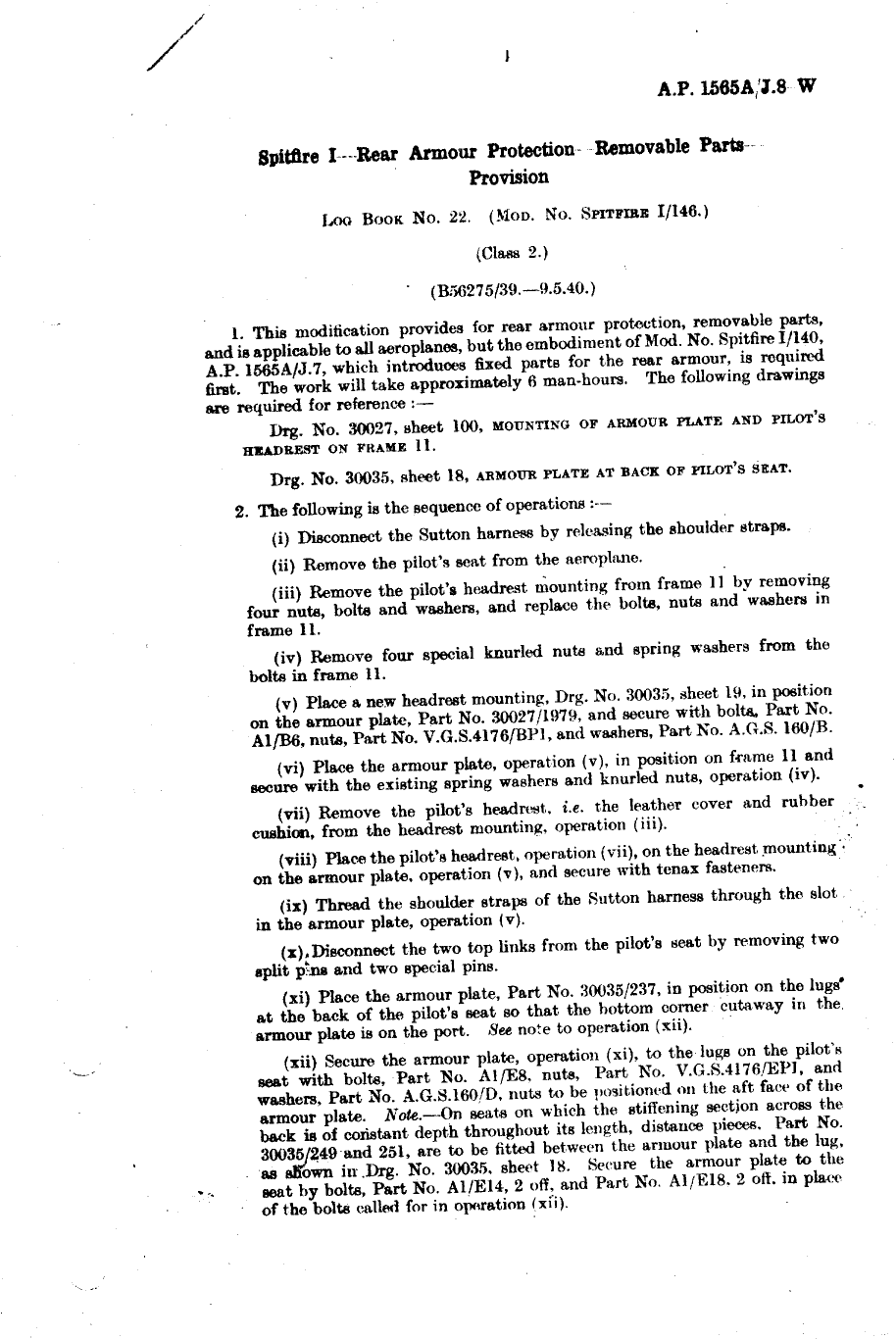 Sample page 1 from AirCorps Library document: Spitfire I Rear Armour Protection Removable Parts Provision