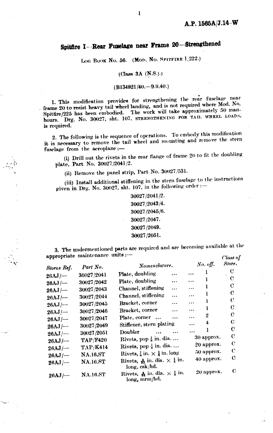 Sample page 1 from AirCorps Library document: Spitfire I Rear Fuselage Near Frame 20 Strengthened