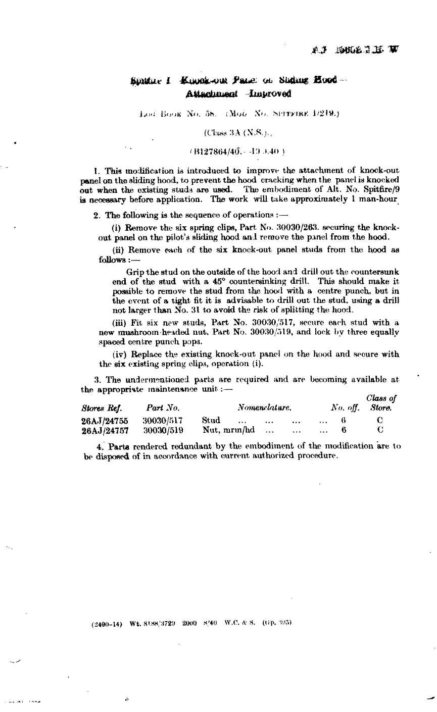 Sample page 1 from AirCorps Library document: Spitfire I Knock-Out Panel on Sliding Hood Attachment Improved