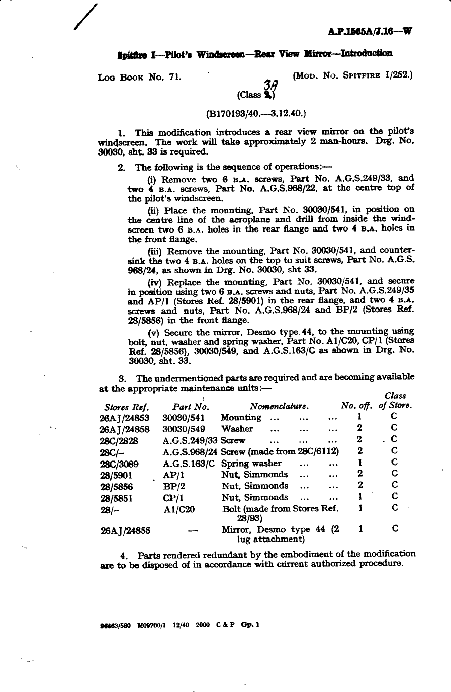 Sample page 1 from AirCorps Library document: Spitfire I Pilot's Windscreen Rear View Window Introduction