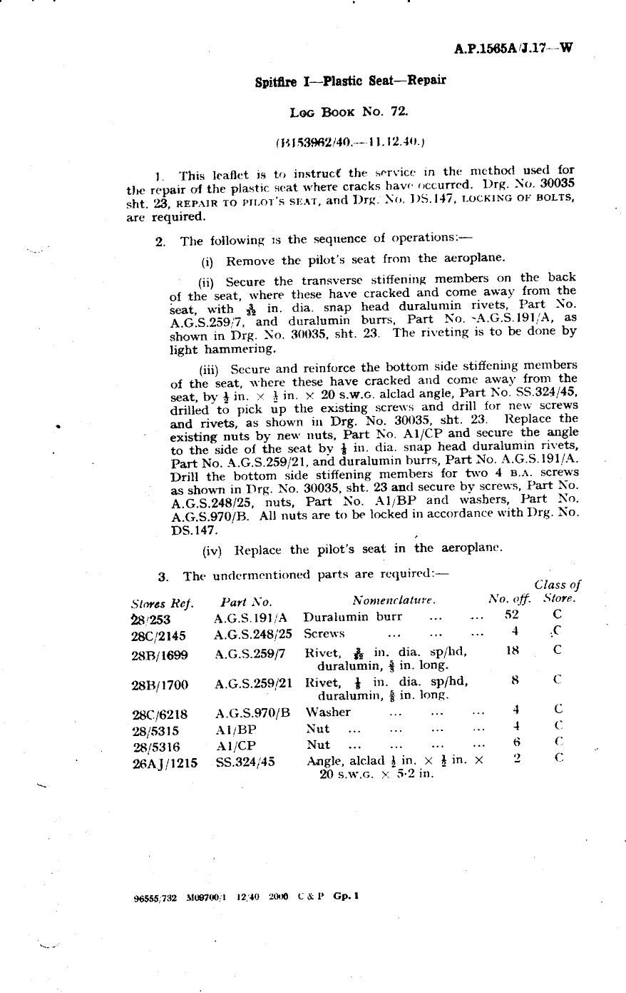 Sample page 1 from AirCorps Library document: Spitfire I Plastic Seat Repair