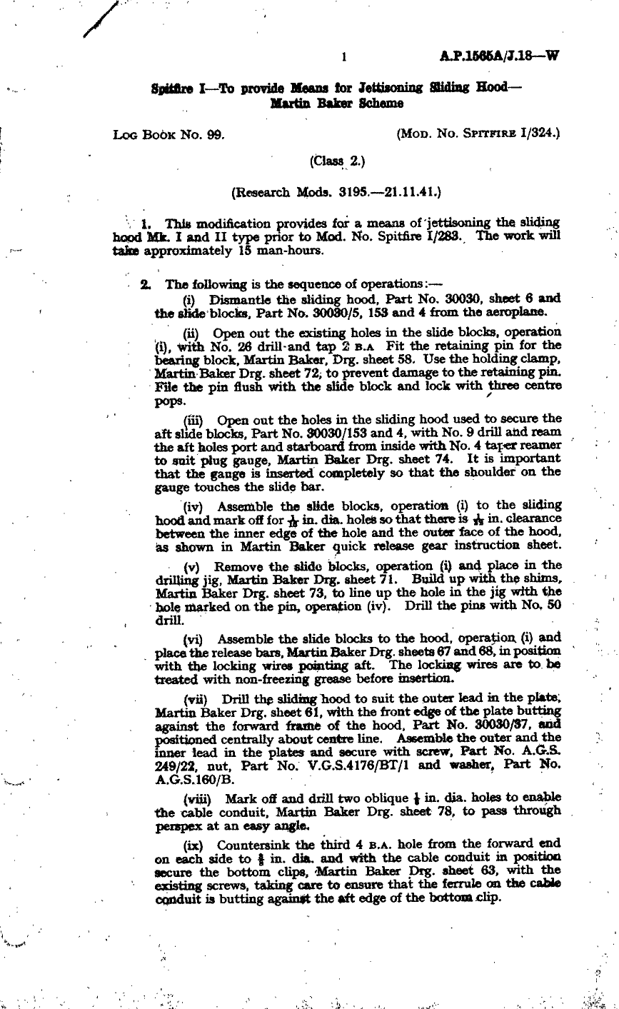 Sample page 1 from AirCorps Library document: Spitfire I To Provide Means for Jettisoning Sliding Hood Martin Baker Scheme
