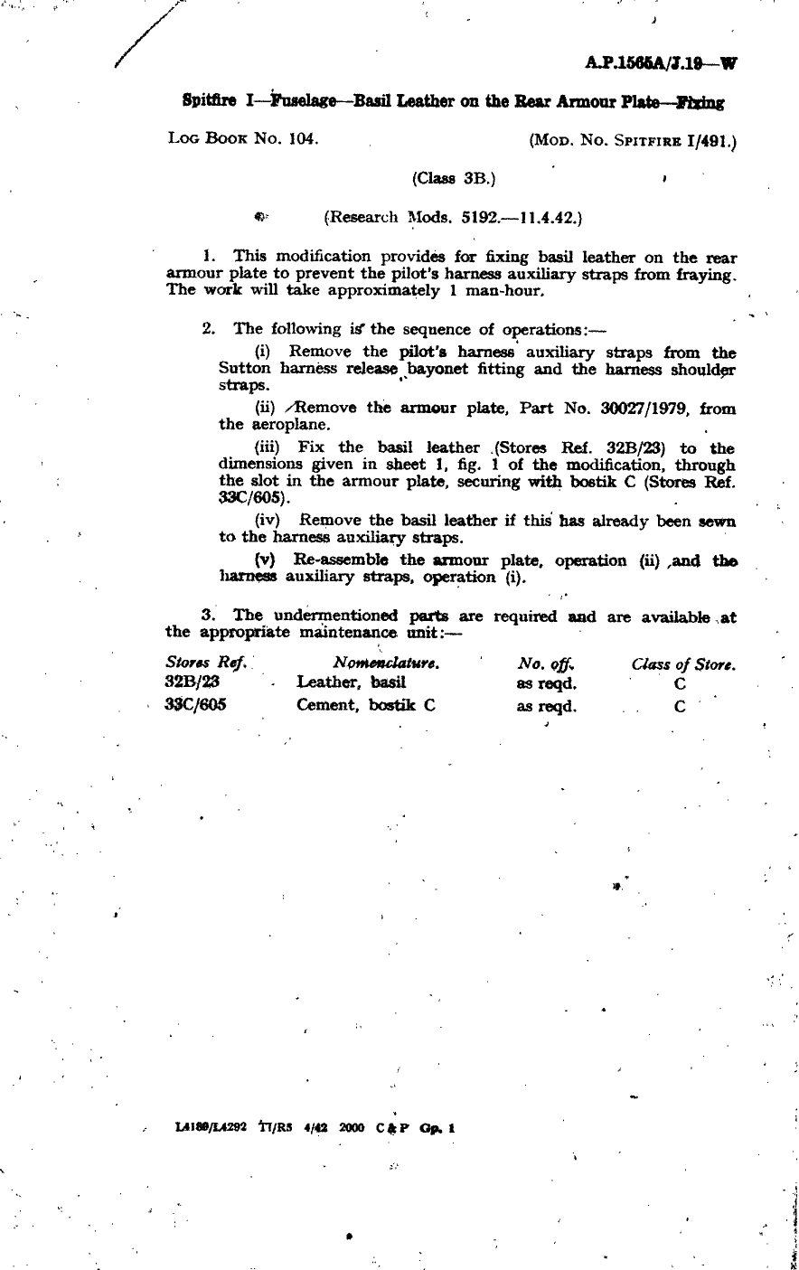 Sample page 1 from AirCorps Library document: Spitfire I Fuselage Basil Leather on the Rear Armour Plate Fixing