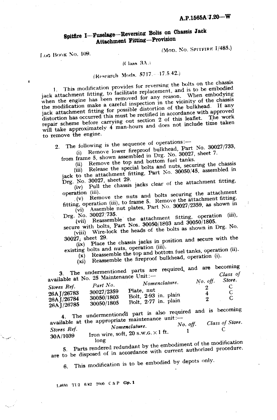 Sample page 1 from AirCorps Library document: Spitfire I Fuselage Reversing Bolts on Chassis Jack Attachment Fitting Provision