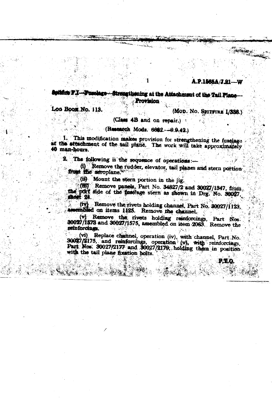 Sample page 1 from AirCorps Library document: Spitfire F.I Fuselage Strengthening At the Attachment of the Tail Plane Provision