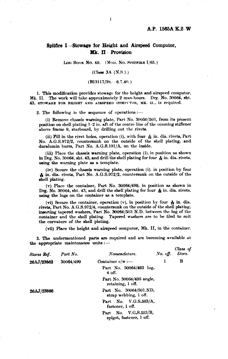 Sample page 1 from AirCorps Library document: Spitfire I Stowage for Height and Airspeed Computer Mk. II Provision