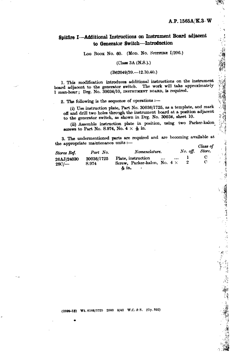 Sample page 1 from AirCorps Library document: Spitfire I Additional Instructions on Instrument Board Adjacent to Generator Switch Introduction