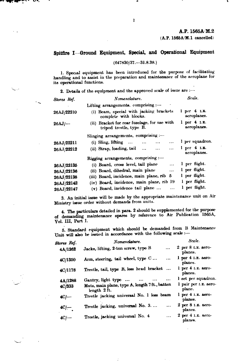 Sample page 1 from AirCorps Library document: Spitfire I Ground Equipment, Special, and Operational Equipment