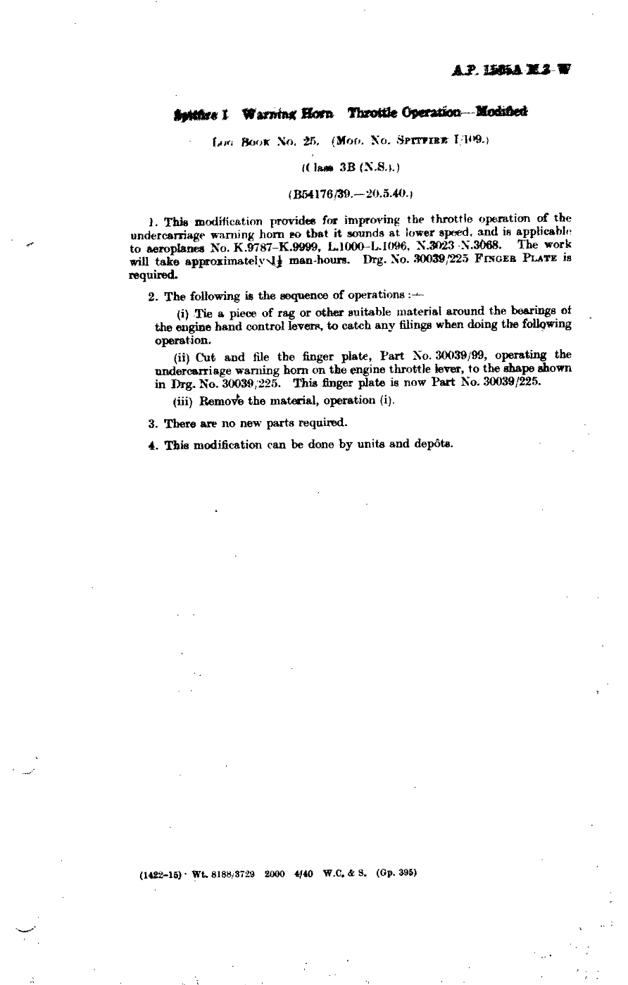 Sample page 1 from AirCorps Library document: Spitfire I Warning Horn Throttle Operation Modified