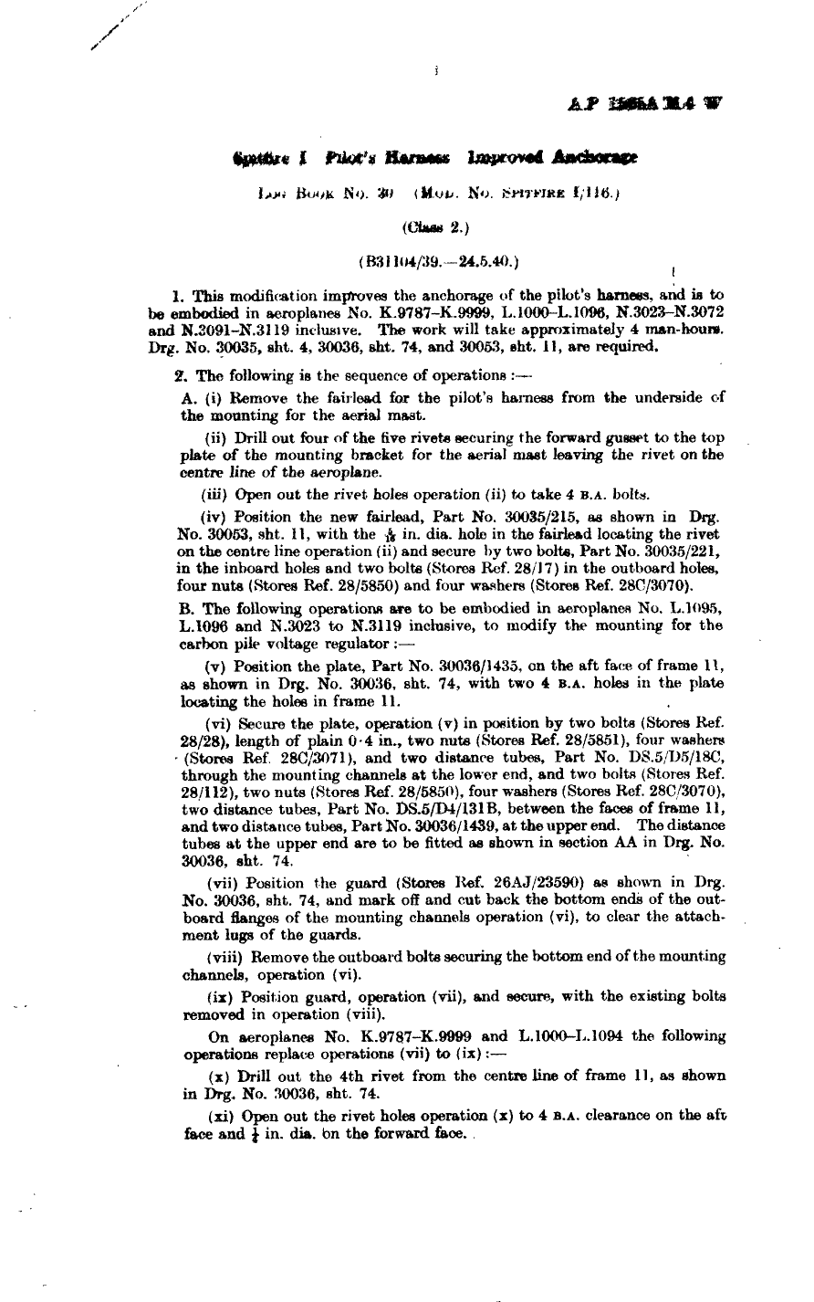 Sample page 1 from AirCorps Library document: Spitfire I Pilots Harness Improved Anchorage