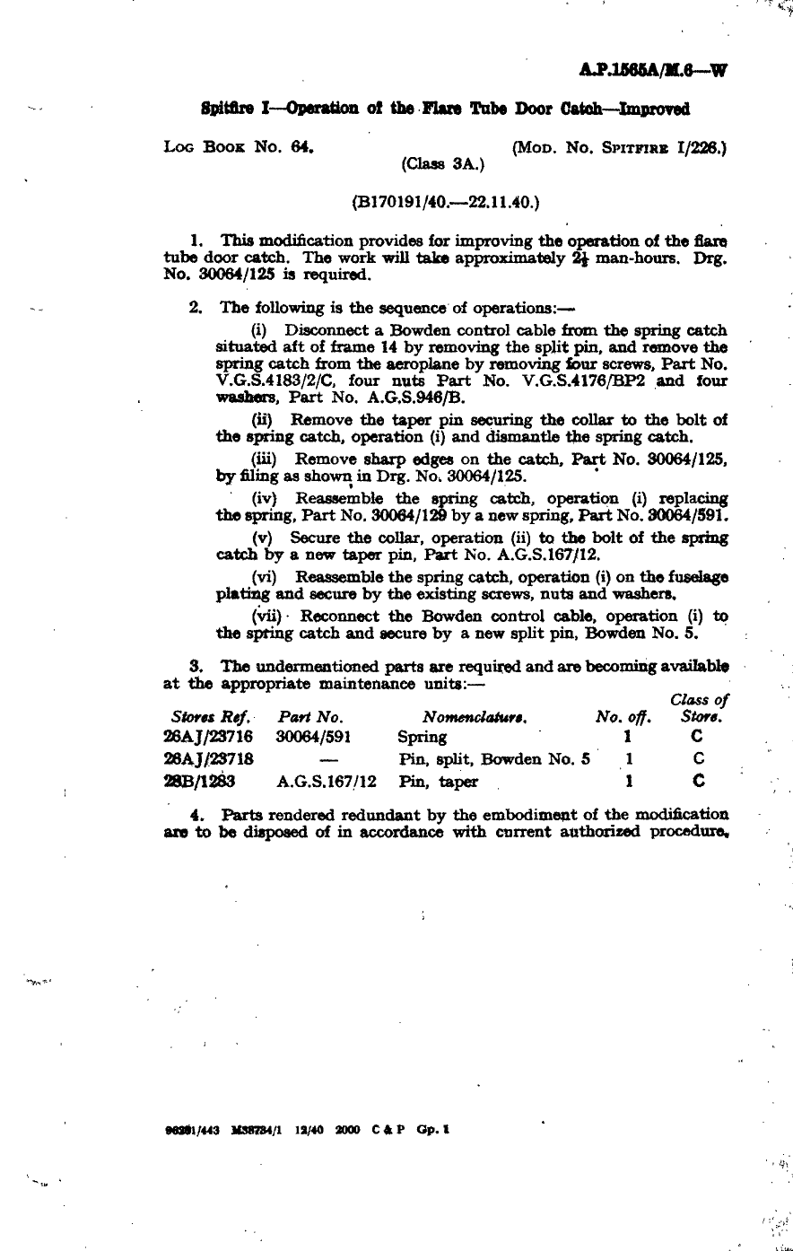 Sample page 1 from AirCorps Library document: Spitfire I Operation of the Flare Tube Door Catch Improved