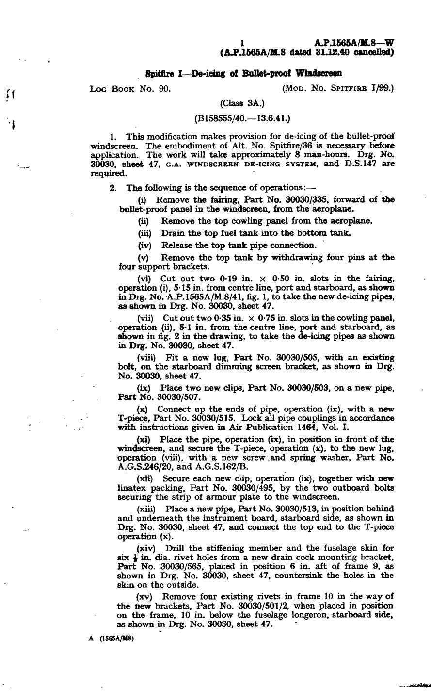 Sample page 1 from AirCorps Library document: Spitfire I De-Icing of Bullet-Proof Windscreen