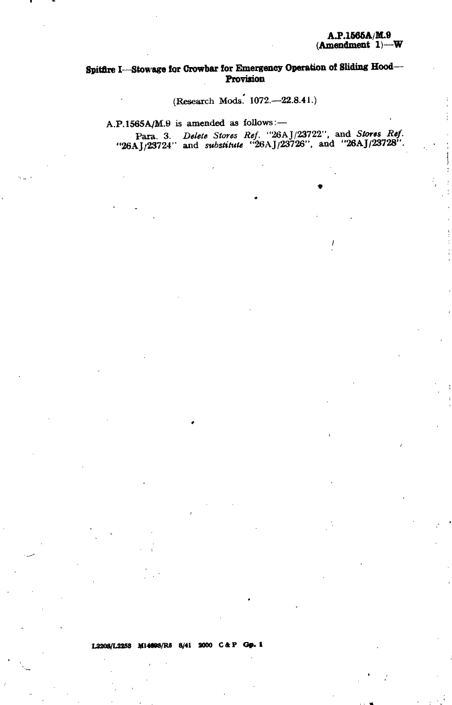 Sample page 1 from AirCorps Library document: Spitfire I Stowage for Crowbar for Emergency Operation of Sliding Hood Provision