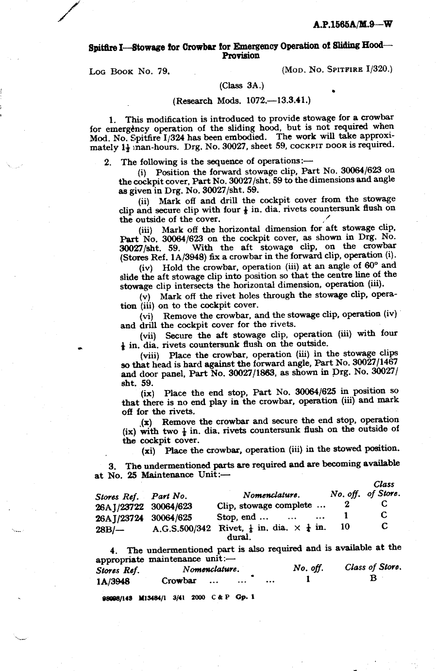 Sample page 1 from AirCorps Library document: Spitfire I Stowage for Crowbar for Emergency Operation of Sliding Hood Provision